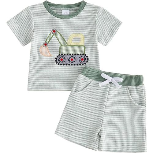Toddler Baby Boy Summer Clothes Waffle Truck Embroidery Short Sleeve Tops T-Shirt and Shorts Sets Cute 2Pcs Outfits