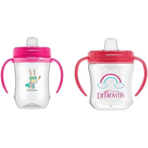 Dr. Brown's Milestones Soft Spout Sippy Cup with Handles, Pink Bunny Hero, BPA-Free, 9 oz/270 mL, 9m+ with Pink Rainbow, 6 oz/180 mL, 6m+, 2-Pack