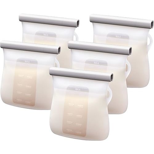 Lictin 5PCS Silicone Breastmilk Storage Bags, 8.5oz/250ml Reusable Breast Milk Storage Container, BPA-Free Self-Standing Milk Storing Bags for Breastfeeding, Leak-Proof Baby Food Storage Containers