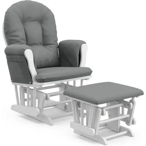 Storkcraft Premium Hoop Glider & Ottoman (White/Gray) — GREENGUARD Gold Certified Nursery Glider, Solid Wood Craftsmanship, Smooth-Gliding Nursery Chair and Ottoman, Award-Winning