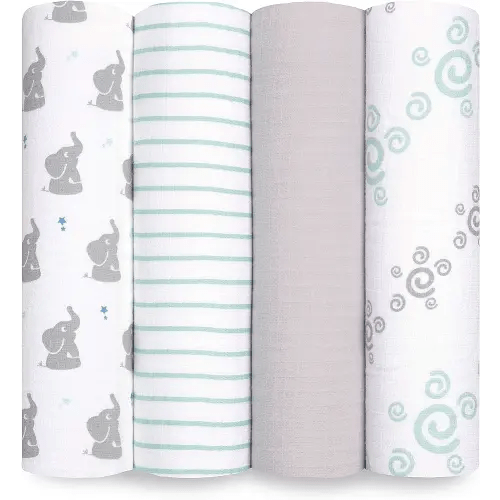 aden + anais Essentials Muslin Swaddle Blankets for Baby Girls and Boys, Newborn Receiving Blanket for Swaddling, 100% Cotton Baby Swaddle Wrap, 4 Pack, Baby Star-Elephants
