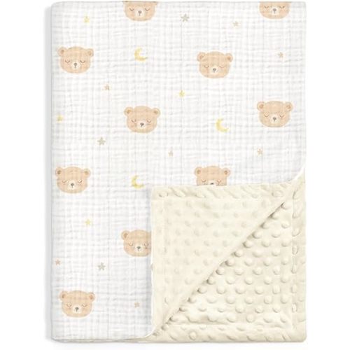 Bear Baby Blankets for Boys Girls, Soft Nursery Minky Blankets with Muslin and Dotted Fleece Back 30x40 inches, Receiving Bed Quilt for Newborn, Infants, Toddlers