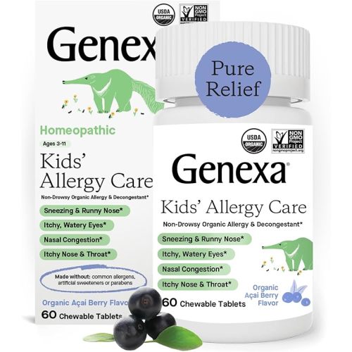 Genexa Kids' Allergy Care | Non-Drowsy, Homeopathic Decongestant & Allergy Medicine Relief for Children | Delicious Organic Acai Berry Flavor | 60 Chewable Tablets