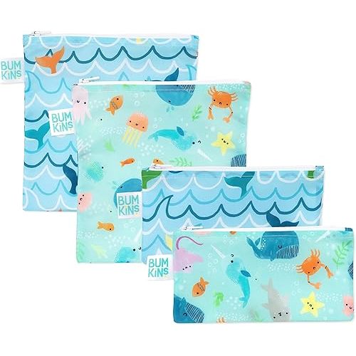 Bumkins Reusable Sandwich and Snack Bags, for Kids Lunch Bags and for Adults, Beach Essentials, Washable Fabric, Cloth Zip Bag, Dishwasher-Safe, Food-Safe, Safety Tested (4-Pack)