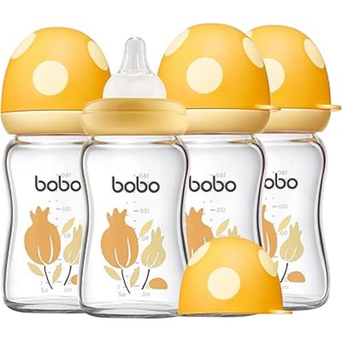 YOHKOH Natural Glass Baby Bottle with Natural Response Nipple, Newborn Anti-Colic Baby Bottles, Wide Neck Mushroom Cap Baby Bottle, Clear (Yellow, (5.4oz (Pack of 4))