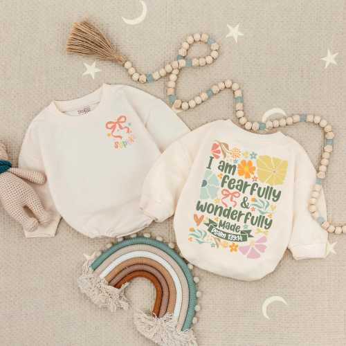 Personalized Name Fearfully and Wonderfully Made Christian Baby Romper, Christian Kids Shirt Baby Shower Gift, Flower Baby Girl Clothes