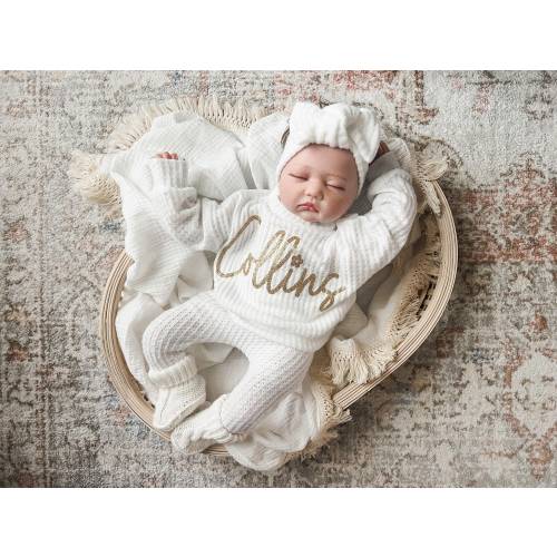 Handmade Baby Girl Outfit / Oversized Sweater Daisy Ivory Waffle / Baby Girl Gift / Handmade Floral Leggings / Olive Baby Outfit Pullover