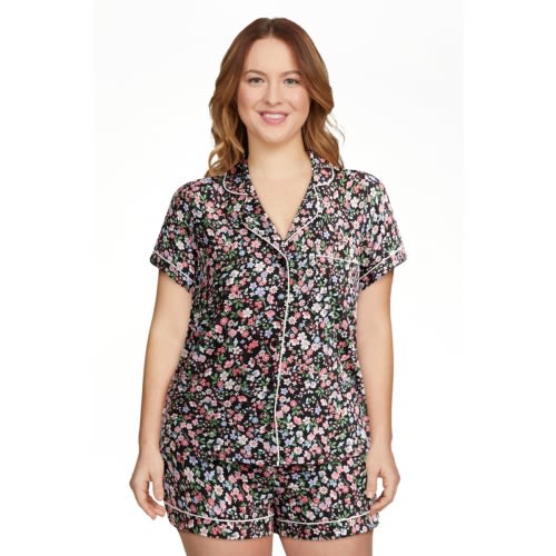 Joyspun Women’s Dreamy Soft Collection Short Sleeve Knit Notch Collar Top and Shorts Pajama Set, 2-Piece, Sizes XS-3X