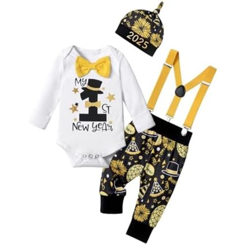 KANGKANG My First New Years Baby Boy Outfit 2025 Romper + Suspender Pants + 2025 Hat 3Pcs New Years Baby Boy Outfit