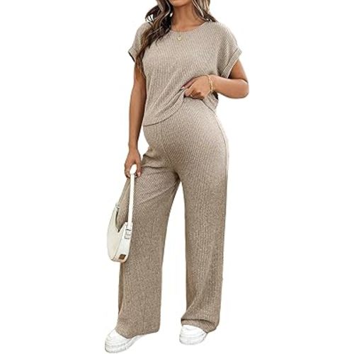 BLENCOT Maternity Clothes Ribbed Short Sleeve Maternity Pajamas Sets Sleepwear Lounge 2 Piece Matching Outfits Set