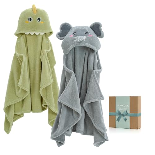Momcozy Hooded Baby Towels-Visualize Health Label -2 Pack Premium Coral Fleece Bath Towel with Large Size-Ultra Absorbent for Baby Comfort- Great Gift for Newborn, Toddler and Kids(28"x 55", L x W)