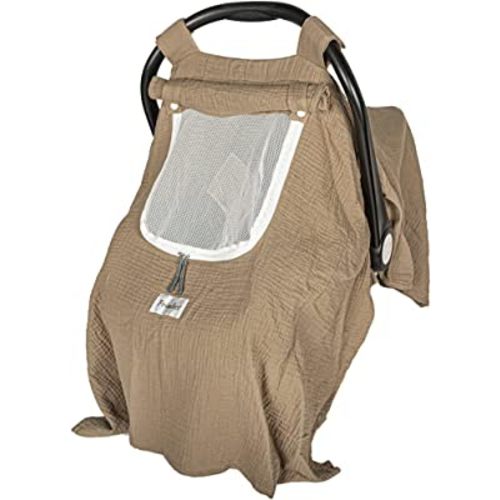 Baby Car Seat Cover, Muslin Infant Car Seat Cover, Carseat Cover with Breathable Mesh Peep Window & Pocket, Kick-Proof Infant Carseat Cover for Boys Girls