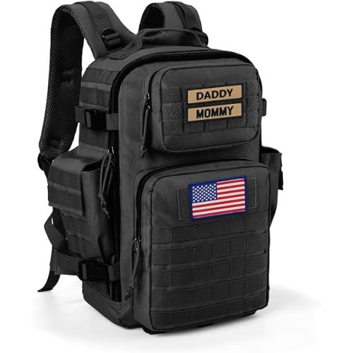 SHARKMOUTH Dad Diaper Bag for Men - Military Baby Backpack with Patches for Hiking Travel Camping Trips - Baby Shower Gifts Black