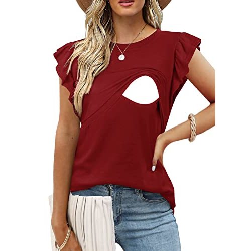 CzzzyL Women Nursing Flutter Sleeve Tops Crew Neck Blouse T Shirts