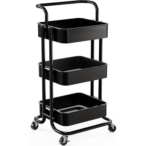 Pipishell 3 Tier Mesh Utility Cart, Rolling Metal Organization Cart with Handle and Lockable Wheels, Multifunctional Storage Shelves for Kitchen Living Room Office Black