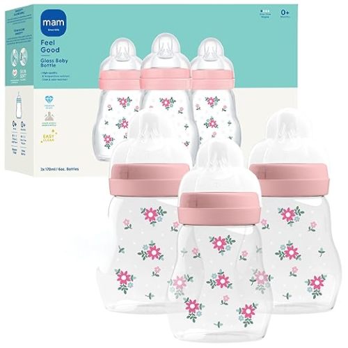 MAM 6oz Feel Good Pure Glass Anti-Colic Wide Neck Baby Bottle, Slow Flow Skin Soft Silicone Nipple, Easy to Clean, BPA Free, 0+ Months, Easy Switch Between Breast & Bottle, Made in Europe, 3 Pack