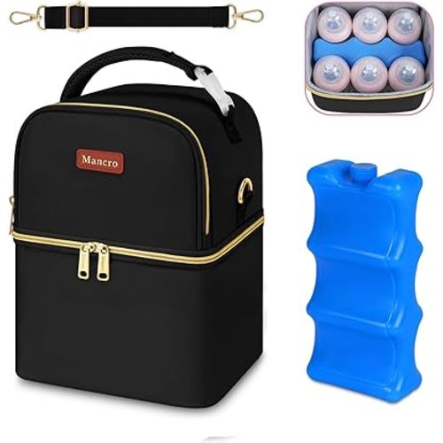 Mancro Double Layer Baby Bottle Bag for Daycare Fits 6 Baby Bottles Up to 9 Ounce, Breastmilk Cooler Bag with Ice Pack, Breast Milk Cooler Travel Bag for Nursing Mom, Black