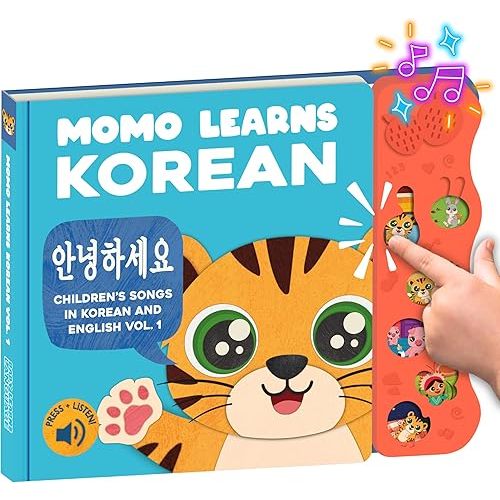 New! Learn Korean for Kids, Momo Learns Korean Vol. 1, Bilingual Korean Baby Book for Kids, Babies & Toddlers 1-3, Kids Board Book w/ Hangul, First Words & Songs, Language Toy for Preschoolers 0-3