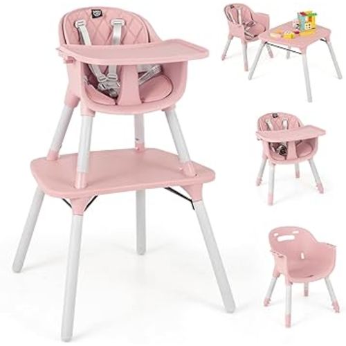 BABY JOY High Chair, 5 in 1 Convertible Highchair for Babies & Toddlers | Booster Seat | Table and Chair Set | Infant Feeding Chair with Removable Tray, Safety Harness, Removable Cushion (Pink)