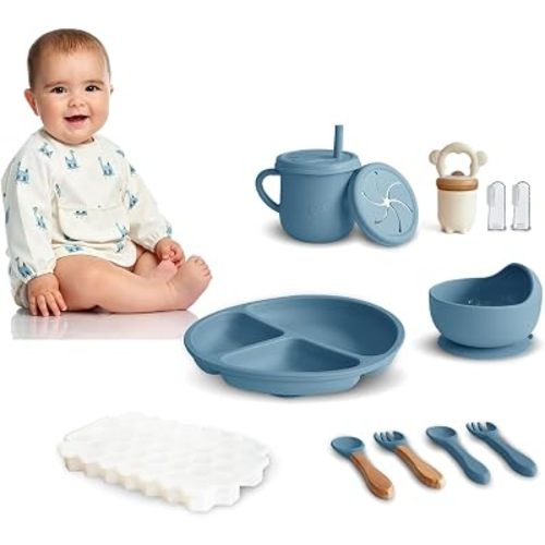 Silicone Baby Feeding Set, 12PCS Baby Plates and Bowls Set - Baby Led Weaning with Waterproof Bib, Divided Plate, Bowl, Spoons, Training Cup, Fruit Feeder & Freezer Tray(Ocean Blue)
