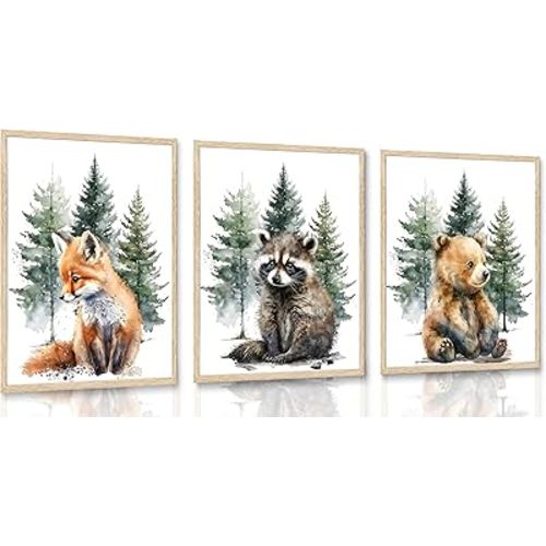 YCXDMJ 3pcs Wild Animals Wall Decor Forest Bear Fox Raccoon Watercolor Pictures Posters Printings for kindergarten Boys Girls Room Home Unframed