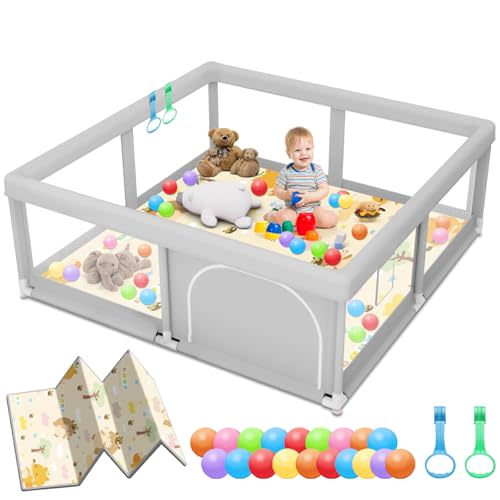 Baby Playpen with Mat, 50 x 50 inch, PlayPen for Babies and Toddlers, Sturdy Safety Play Pen with Soft Breathable Mesh (Ball and Pull Rings Included)