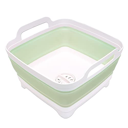 2.4 Gal(9L) Collapsible Dish Basin with Drain Plug, Space Saving Outdoor Multiuse Foldable Sink Tub, Dishpan, Kitchen Storage Tray for Camping, Vegetable Washing, RV (Green)