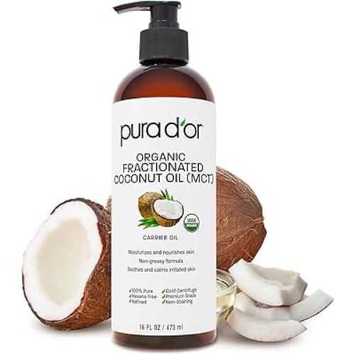 PURA D'OR 16 Oz ORGANIC Fractionated Coconut Oil – USDA Certified – MCT Oil – Therapeutic, Hydrating, Lightweight Moisturizer – Hexane Free Carrier Oil For Essential Oils & Massage – Face, Hair & Body
