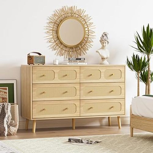 6 Drawer Rattan Dresser for Bedroom, Modern Double Dresser with Gold Handles, Wood Storage Chest of Drawers for Bedroom, Living Room, Hallway and Entryway, Natural