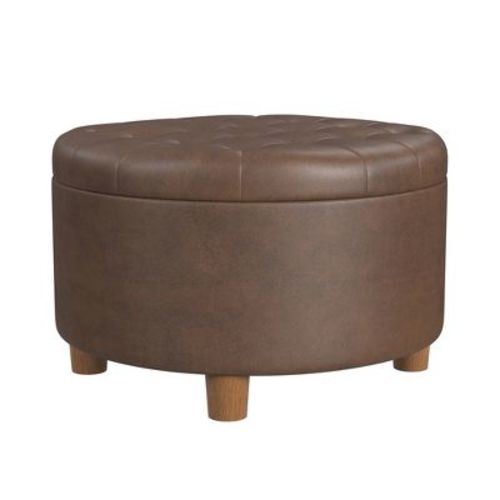 Homepop Tufted Faux Leather Round Storage Ottoman Brown: Upholstered Traditional Decor, Hardwood Frame