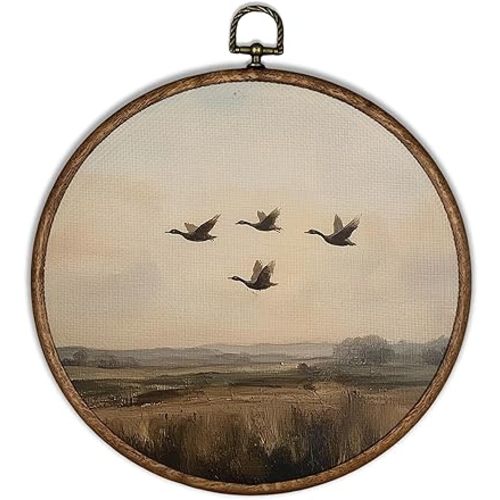 XBBMGG Vintage Flying Duck Wall Art Decor, Rustic Bird Landscape Round Wall Hanging Decor, Retro Nature Countryside Ducks Framed Canvas Prints for Home Bedroom Living Room Decorations,10x10 Inch