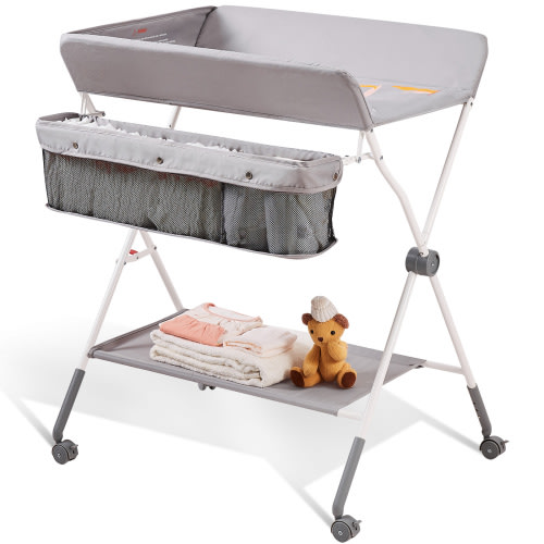 KFFKFF Mobile Changing Table Collapsible Nappy Changing Unit with Secure Casters with 3-Tier Height Adjustability, Storage Bin & Suspended Shelves
