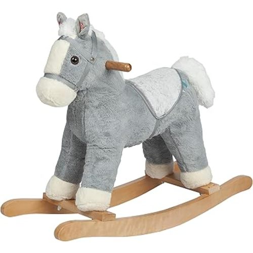 Pony Rocking Horse, Plush Stuffed Animal Rocker with Realistic Sound, Wooden Rocking Pony, Animal Ride on, for Boys & Girls (Gray Horse Pony for 18M+),CPC Certified