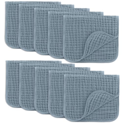 Comfy Cubs Muslin Burp Cloths 20" x 10", Pack of 10 - Large, 6-Layer, Ultra Absorbent 100% Cotton for Baby Drool and Messes - Soft, Safe & Gentle Baby Burp Cloths for Boys & Girls - Pacific Blue