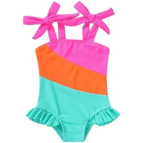 YOUNGER TREE Toddler Swimsuit Girl Color Block Stripe One-Piece Swimwear Baby Girl Bathing Suits