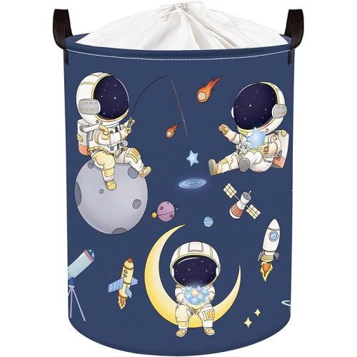 Clastyle 45L Blue Space Astronaut Baby Laundry Basket Spaceship Rockets Round Dirty Clothes Nursery Hamper Kid Toy Storage Basket for Bedroom Bathroom Playroom
