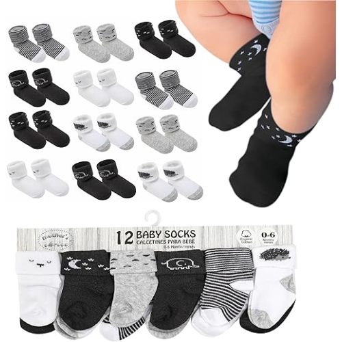 Baby Socks 0-6 Months - 12 Pairs, Organic Cotton Infant Socks, Unisex, Soft & Hypoallergenic Newborn Socks, (US, Age, 0 Months, 6 Months, 12, Black - White - Gray)