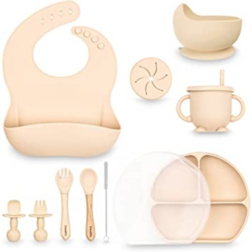 Candy’s Silicone Baby Feeding Set – 10-Pcs Baby Feeding Supplies with Suction Bowls and Plates, Fork, Spoon, Bib, Sippy Cup – Food-Grade Silicone Baby Led Weaning Utensils – Toddler Dinnerware Set,