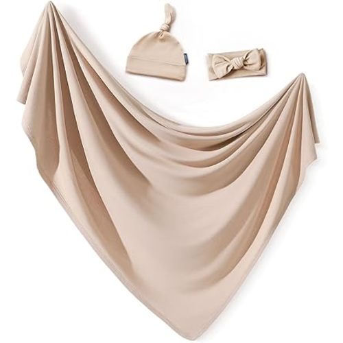 GRSSDER Newborn Blanket, Ultra Soft Jersey Receiving Blanket with Matching Headband and Beanie Set, Stretchy Baby Swaddle 47×47", Extra Large Neutral Swaddle Wrap for Girls and Boys