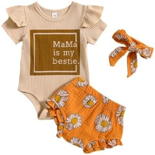Newborn Infant Baby Girl Summer Clothes Rib Frill Short Sleeve Romper Elastic Waist Shorts Headband 3Pcs Outfits Set