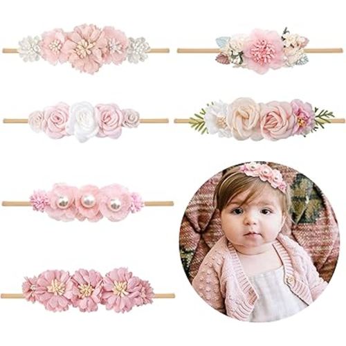 Baby Girl Flower Headband 6 PCS Elastic Hairbands Handmade Nylon Bows Headbands Chic Floral Hair Accessories Kids Gifts for Newborn Infant Toddlers