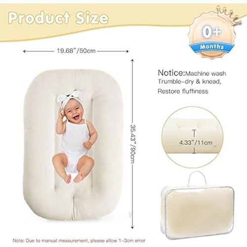 Baby Lounger 0-18 Months, Baby Lounger for Newborn, Soft Organic Cotton Breathable Lounger for Infants (White Baby Lounger)