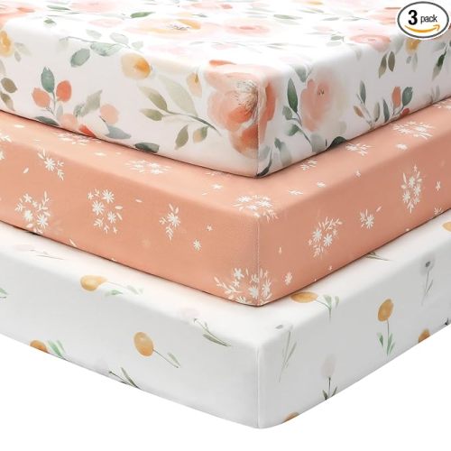 Baby Crib Sheets Girl, 3 Pack Toddler Bed Sheets for 52”x28” Standard Toddler Mattresses, Soft Microfiber Fitted Crib Sheets Neutral Orange Watercolor Flower
