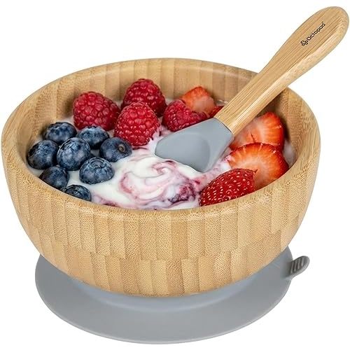 Abiie Octopod Bamboo Baby Bowl Set for 4 Months and Up – Mess-Free High Chair Suction Bowl with Spoon for Toddlers and Kids - Ergonomic Baby Feeding Essentials - 5.7" x 3" x 5.7" - Gray