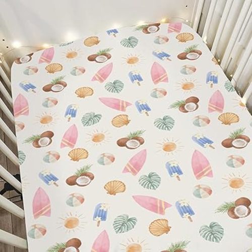 Neutral Summer Beach Baby Crib Sheets for Boy Girl 52x28Inch Surfboard Coconut Seashells Sun Balls Soft Snug Fitted Crib Mattress Cover Seaside Holiday Baby Sheet for Crib and Toddler Bed Mattress