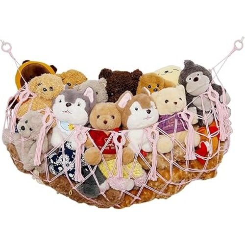 stuffed Animal Net or Hammock Macrame Toy Display Plush Toy Holder Ceiling Hanging Net for Stuffed Animal Storage -Light Pink,49"W