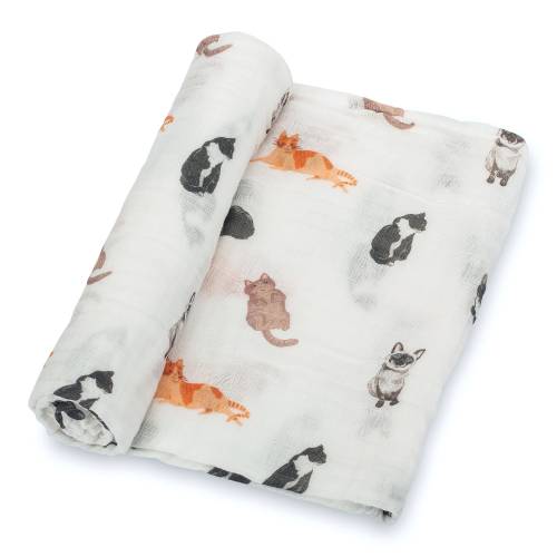 LollyBanks Cat Print Muslin Swaddle Blanket - 100% Cotton, 47"x47" - Cozy Wrap for Your Kitty Lover