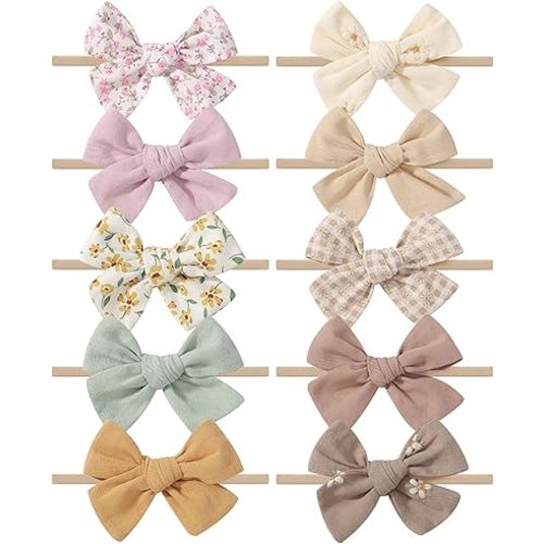 doboi 10PCS Baby Girls Headbands Hair Bows Nylon Cotton Linen Hairbands Fine Handmade Hair Accessories for Newborn Infant Toddlers Little Girls-Embroidered Flower