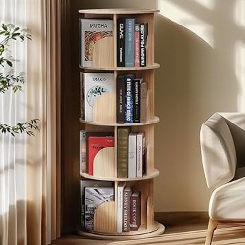 Rotating Bookshelf, 4 Tier Rotating Bookshelf Kids, 360 Display Floor Standing Bookcase Storage Rack for Kids&Adults Solid Wood Bookshelf Organizer, Classic Natural