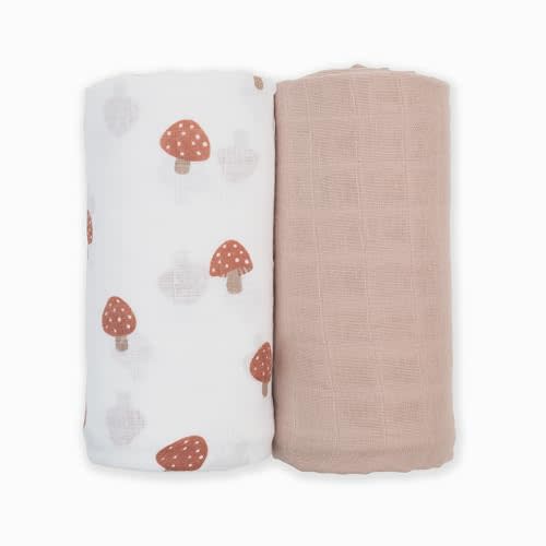 Lulujo Baby Swaddle Blankets | Unisex Softest Breathable Cotton Muslin Swaddle Blanket Set | Neutral Receiving Blanket for Girls & Boys | 40in x 40in | Mushroom & Sand | 2-Count